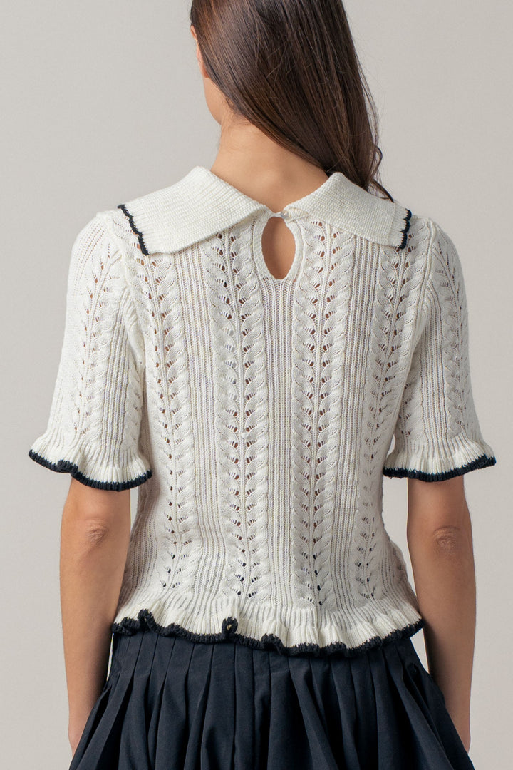 sweetheart collar crochet knit top - whiteblack (additional view)
