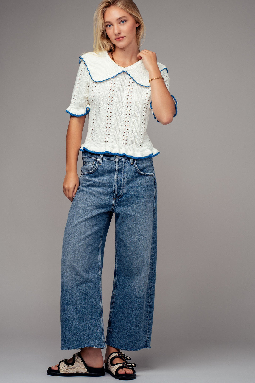 sweetheart collar crochet knit top - whiteblue (additional view)