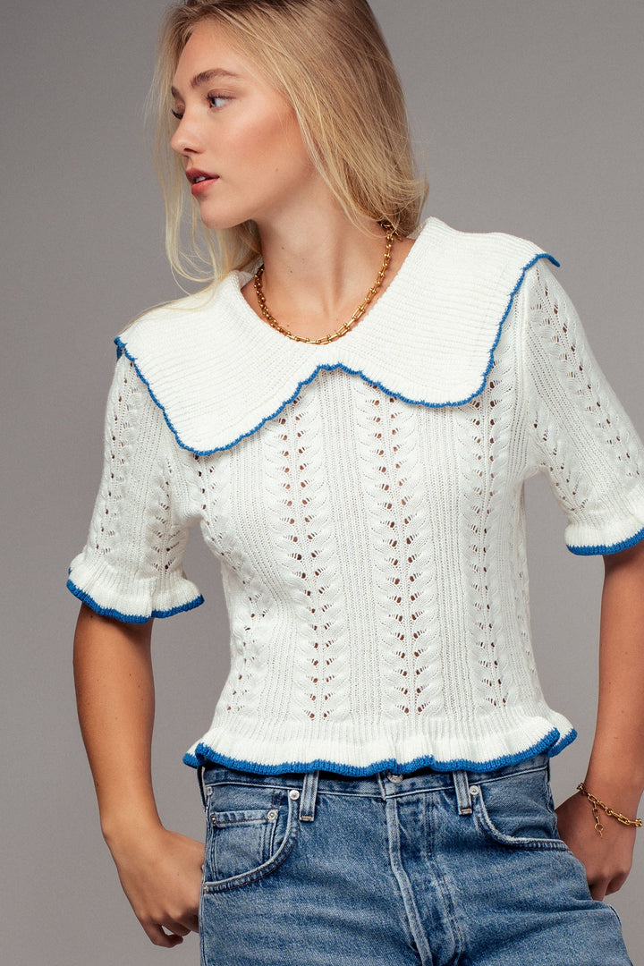 sweetheart collar crochet knit top - whiteblue (additional view)
