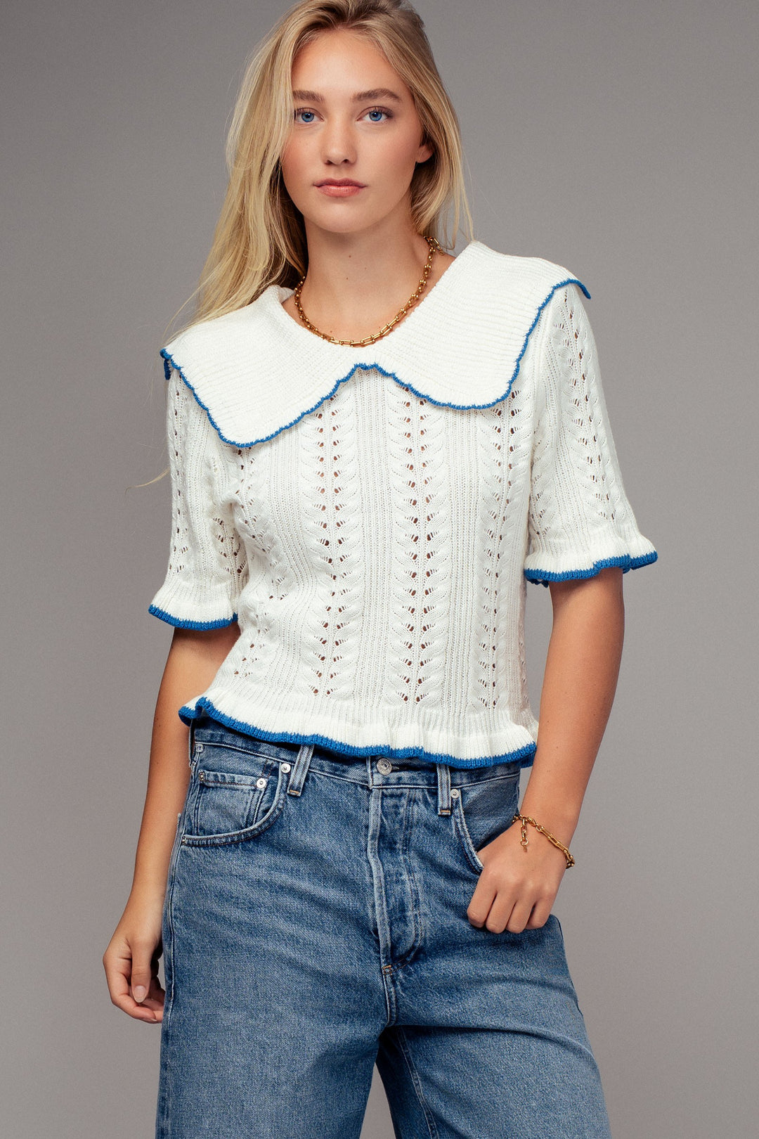 sweetheart collar crochet knit top - whiteblue (additional view)