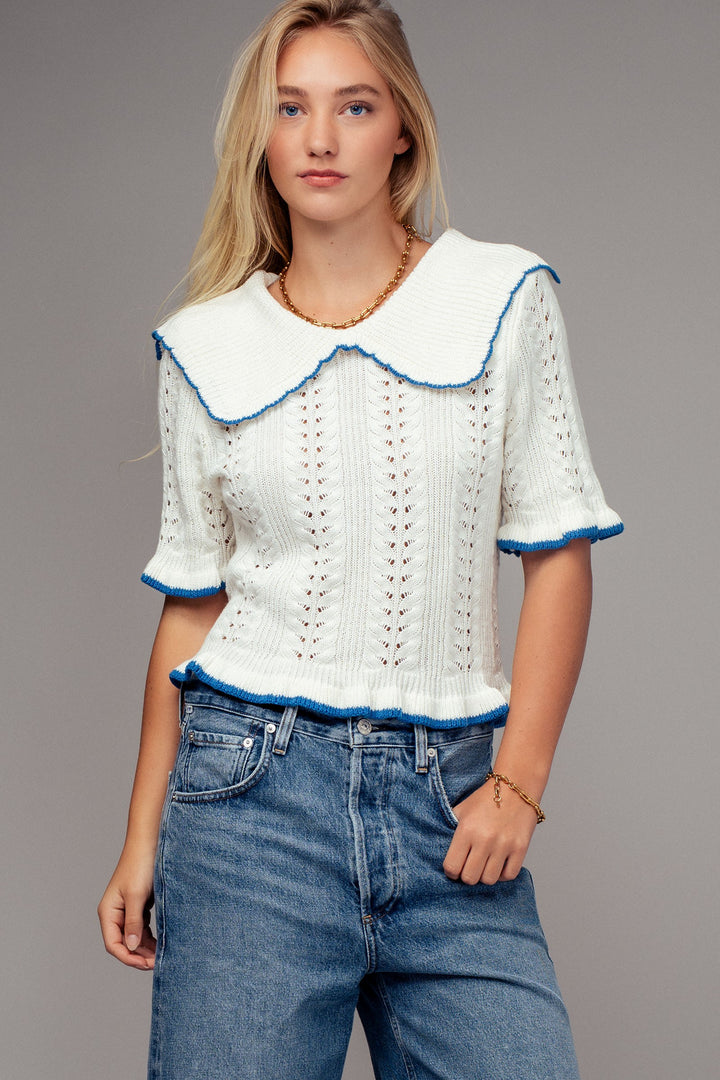 sweetheart collar crochet knit top - whiteblue (additional view)