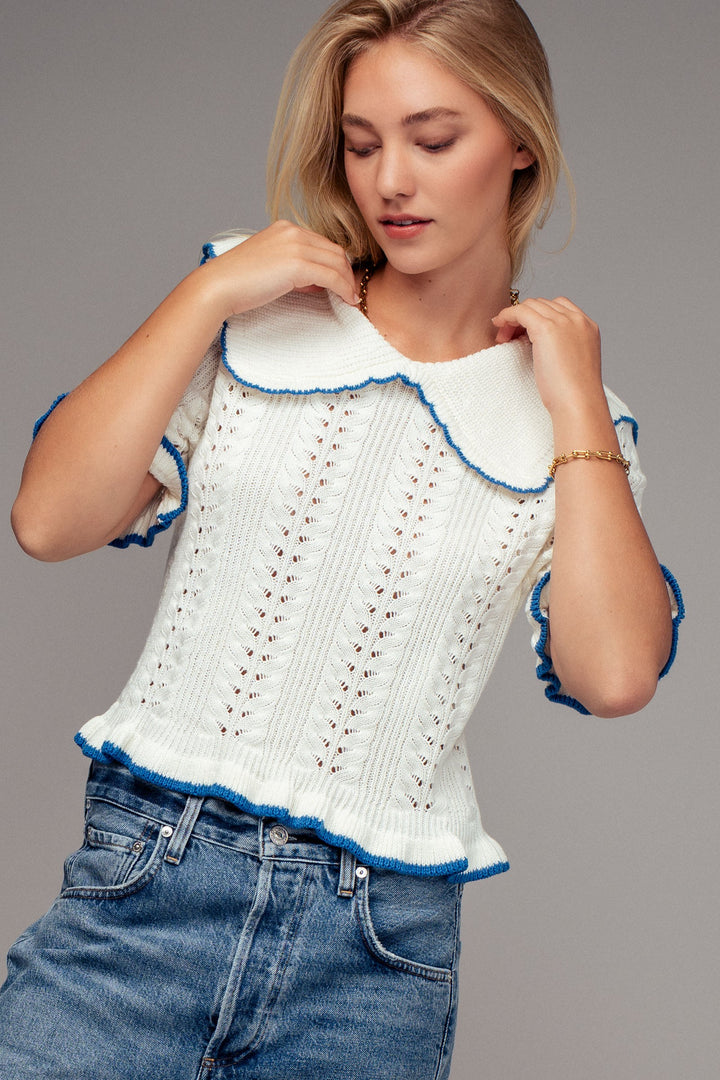 sweetheart collar crochet knit top - whiteblue (additional view)