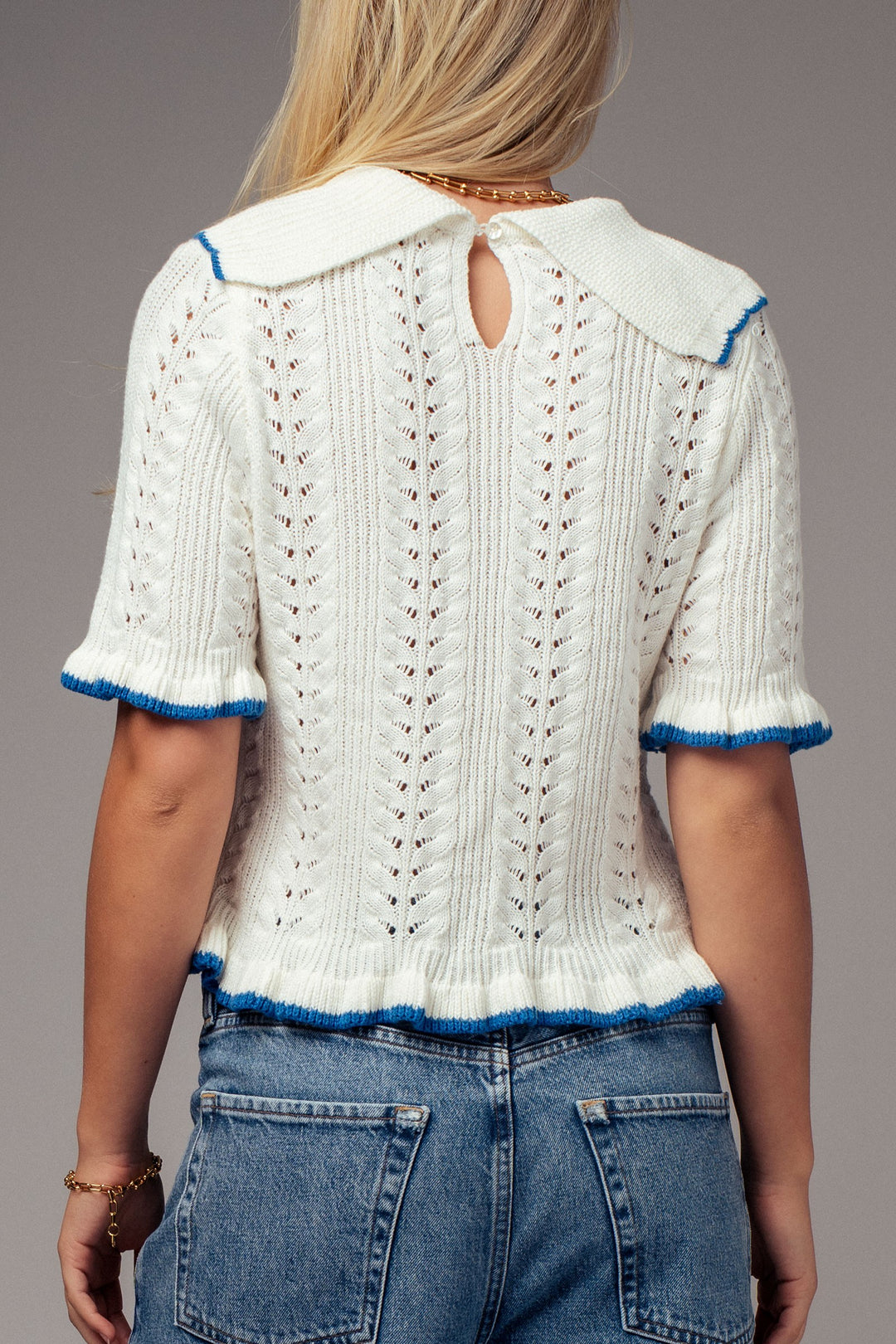 sweetheart collar crochet knit top - whiteblue (additional view)
