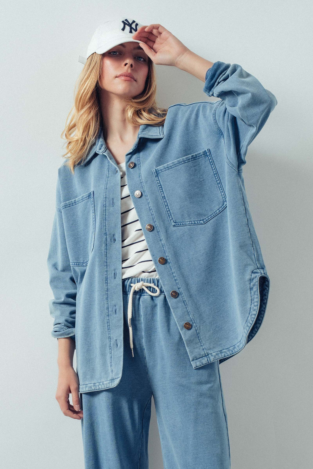 vintage washed french terry relaxed button up top - denim blue