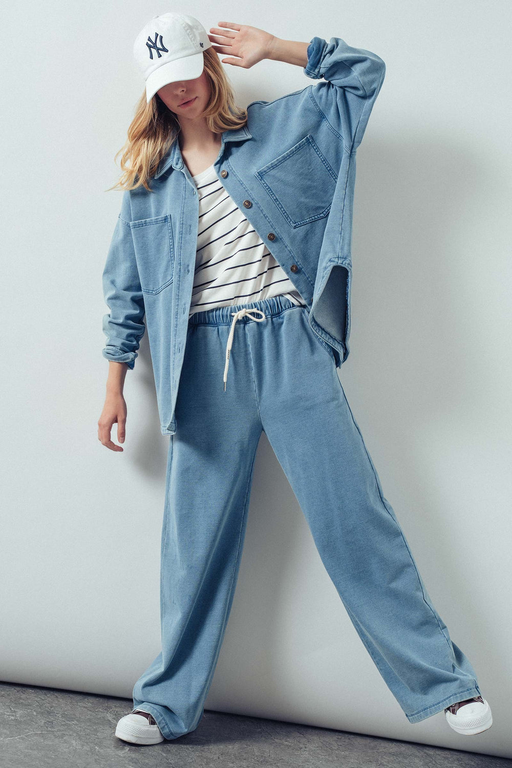 vintage washed french terry relaxed button up top - denim blue (additional view)