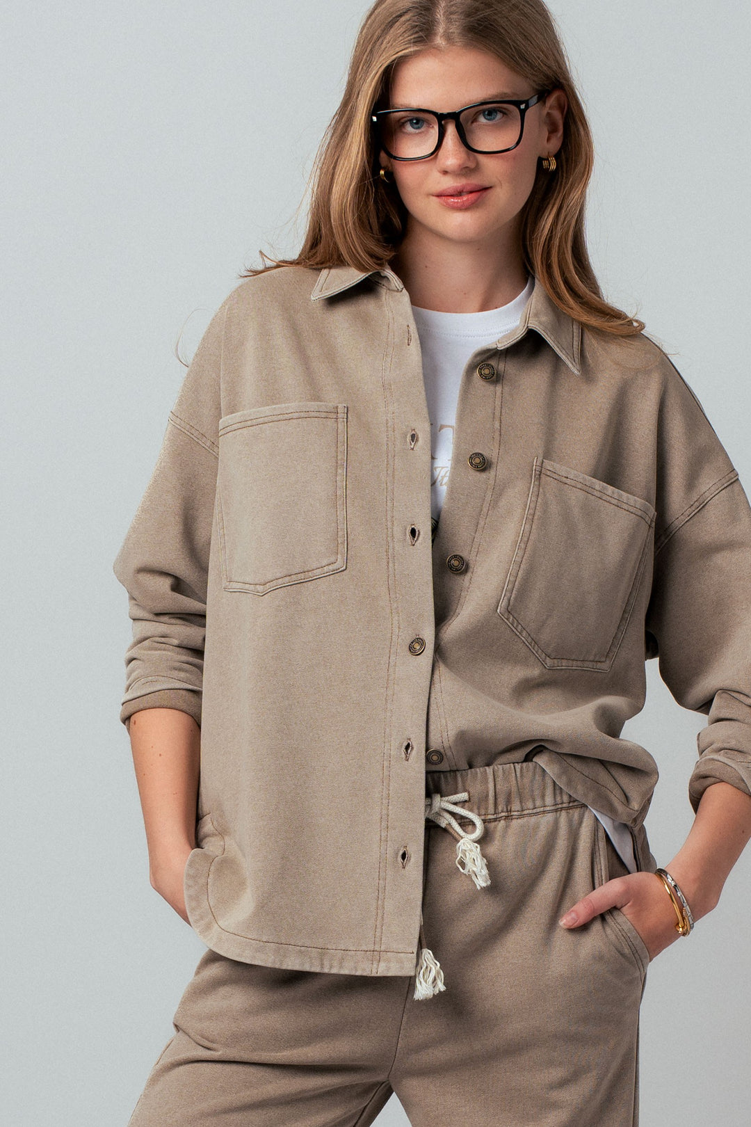 vintage washed french terry relaxed button up top - mocha