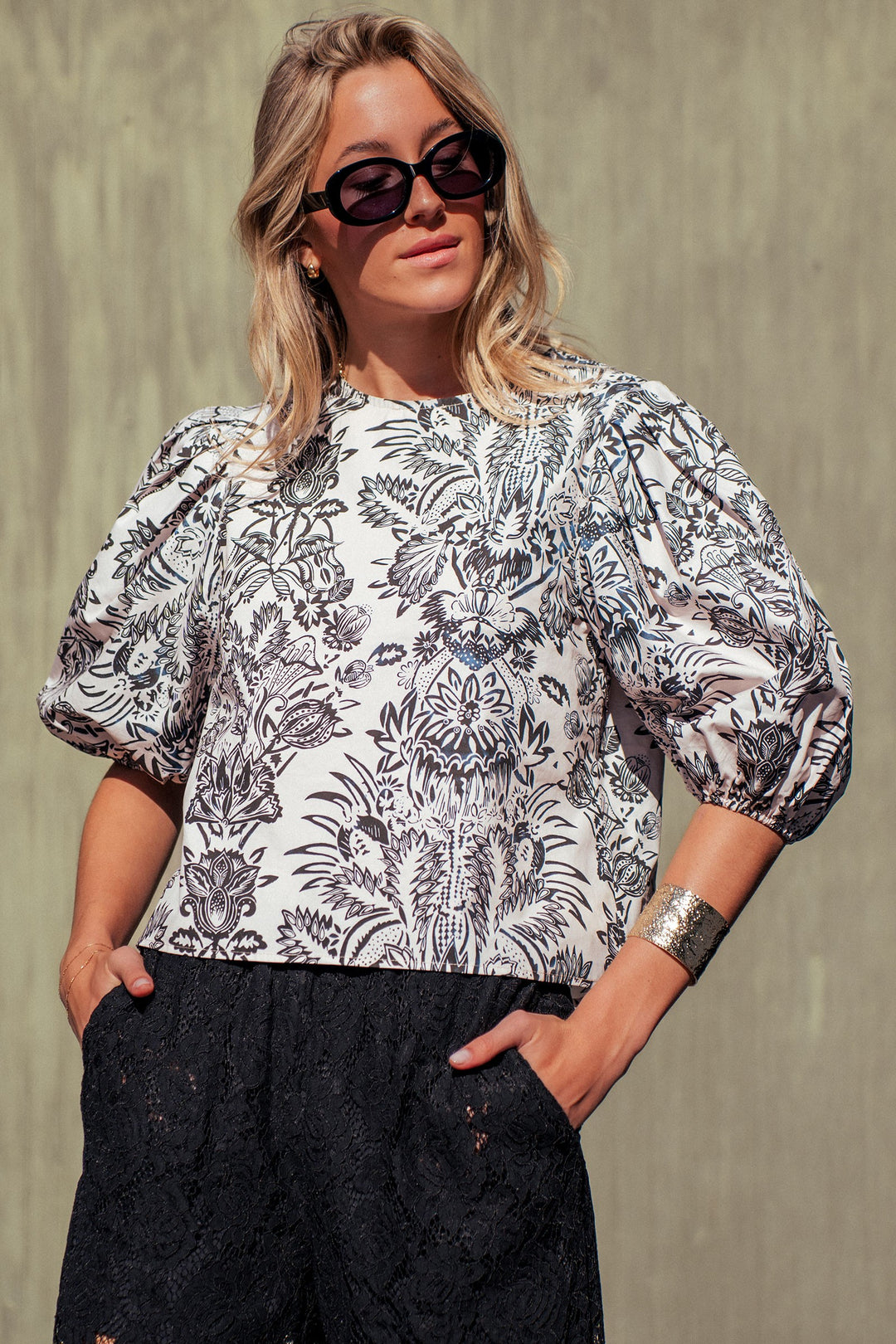 botanical print puff sleeve blouse - ivory black (additional view)