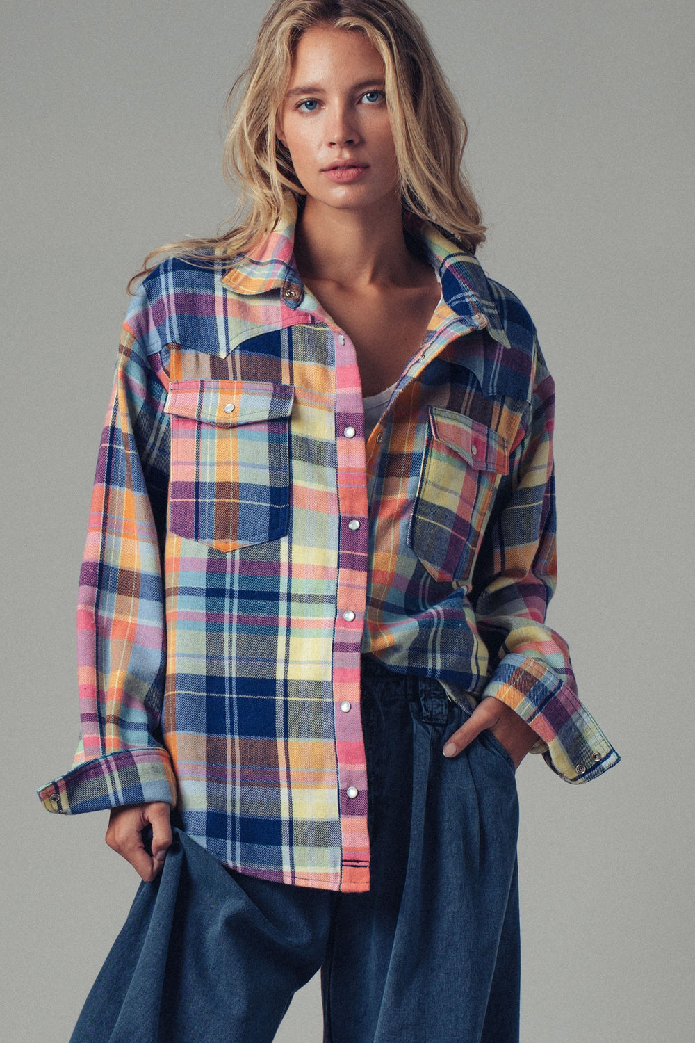 western boho plaid button up maxi dress shirt - blue multi (additional view)