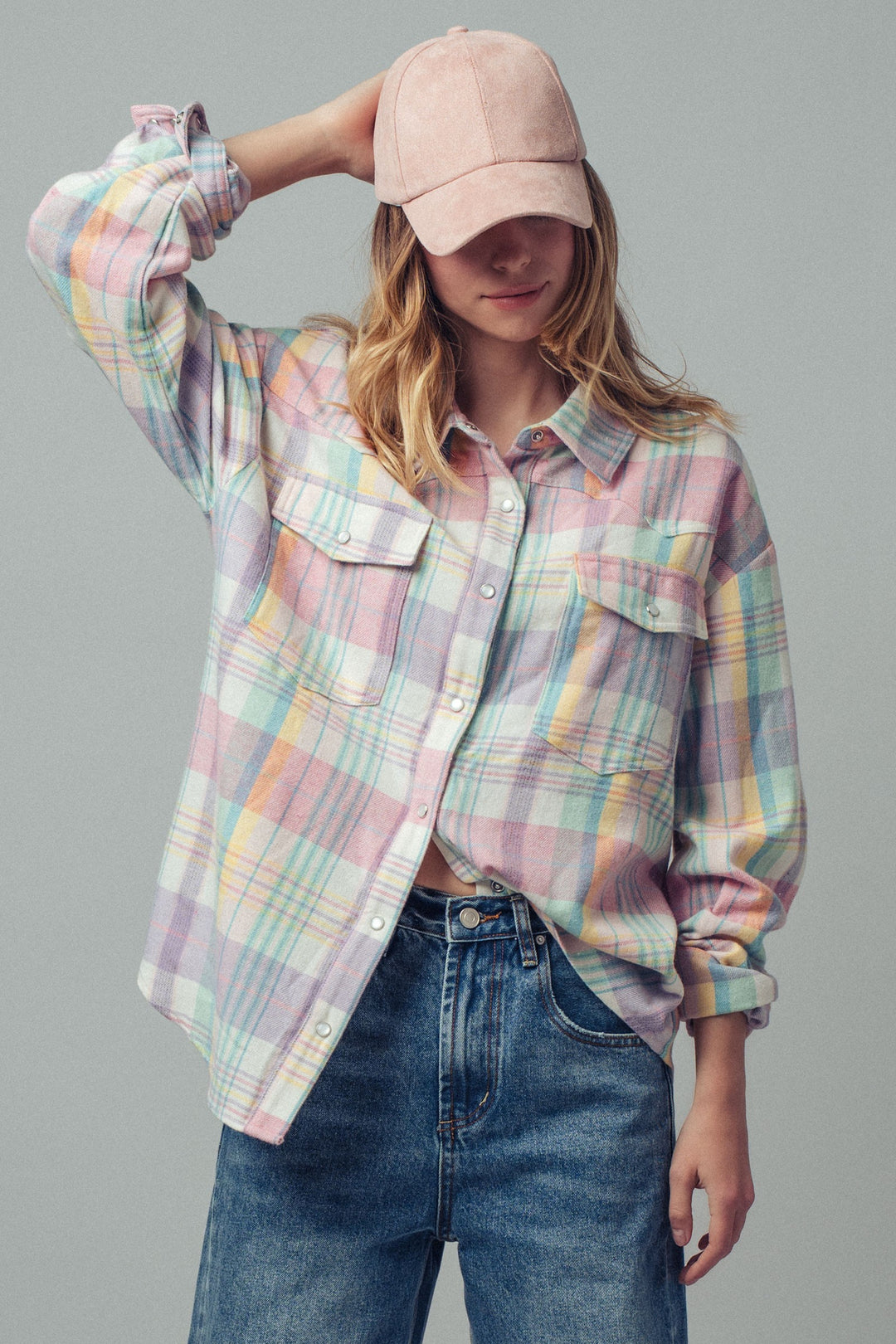oversized plaid button up flannel shirt w pockets - default