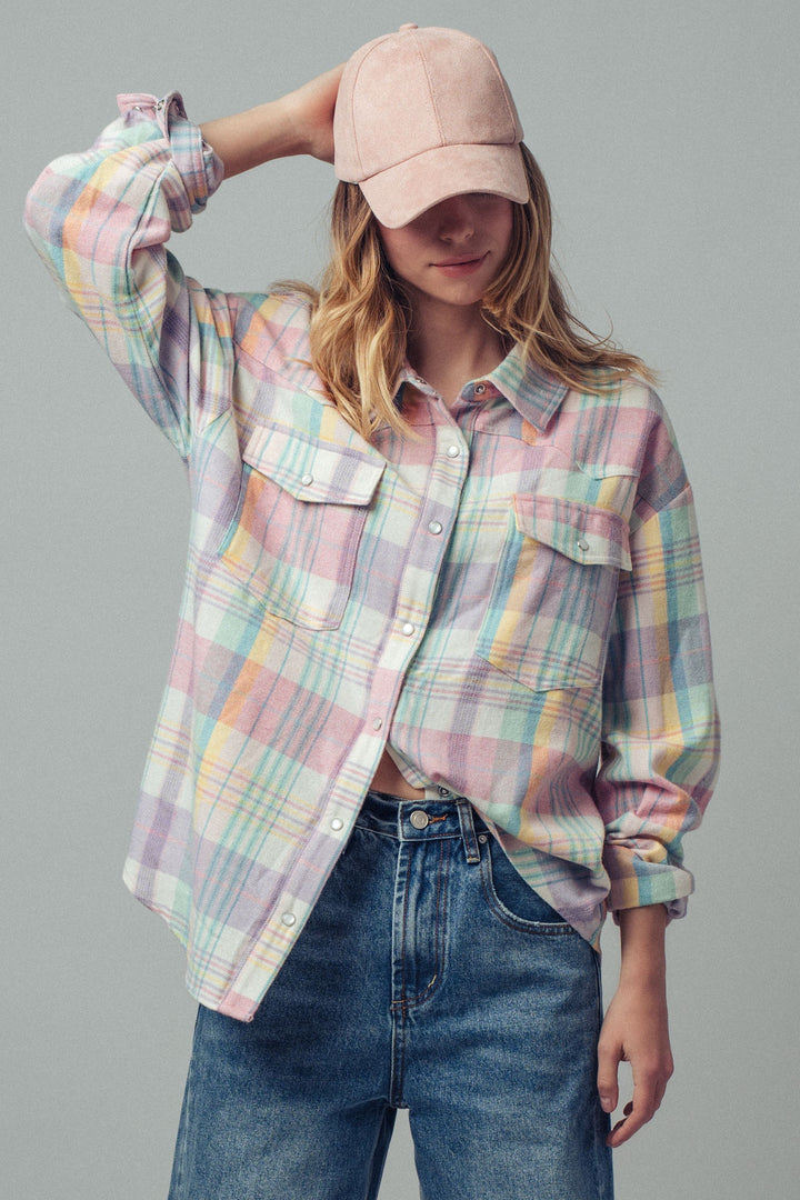 oversized plaid button up flannel shirt w pockets - default