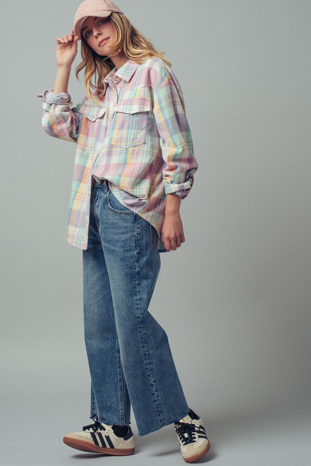 oversized plaid button up flannel shirt w pockets - default (additional view)