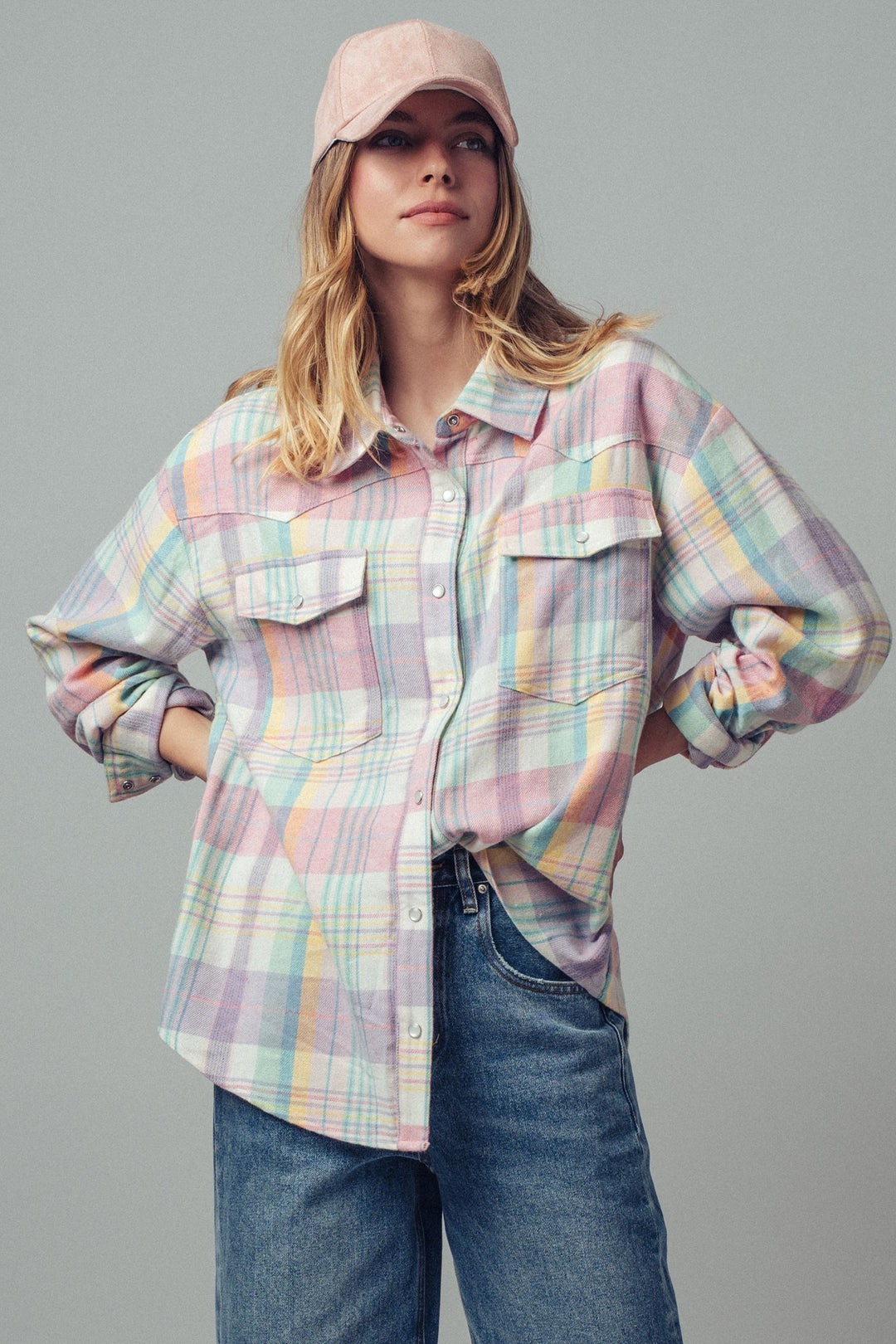 oversized plaid button up flannel shirt w pockets - default (additional view)