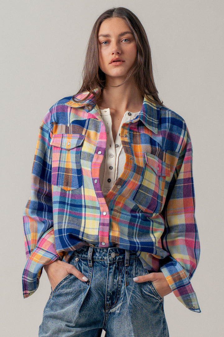 oversized plaid button up flannel shirt w pockets - blue multi