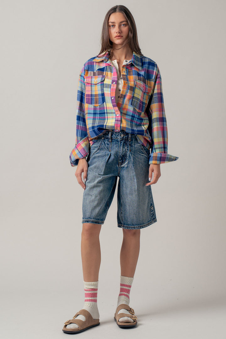 oversized plaid button up flannel shirt w pockets - blue multi (additional view)
