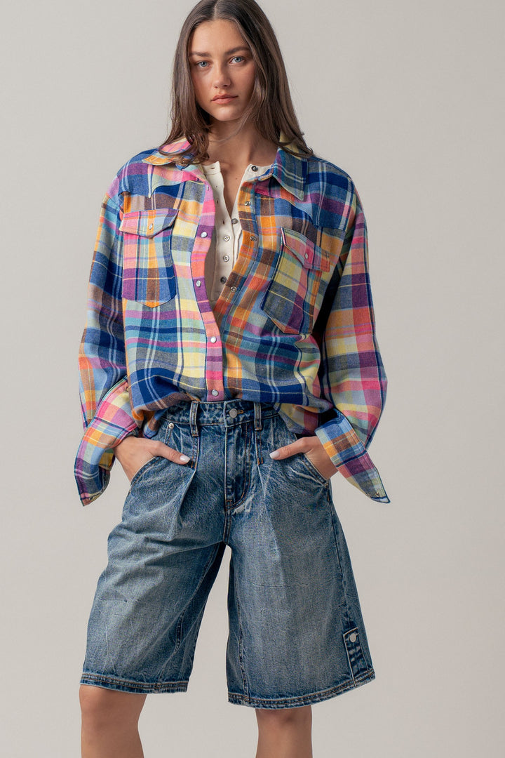oversized plaid button up flannel shirt w pockets - blue multi (additional view)
