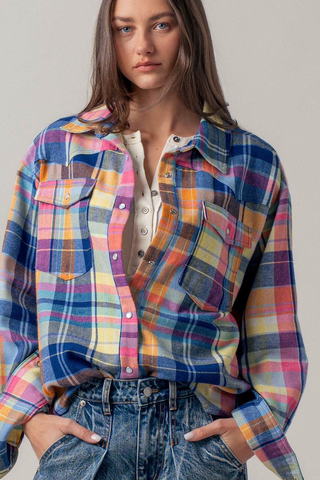oversized plaid button up flannel shirt w pockets - blue multi (additional view)