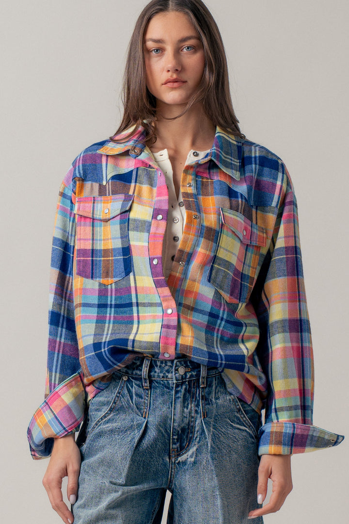 oversized plaid button up flannel shirt w pockets - blue multi (additional view)