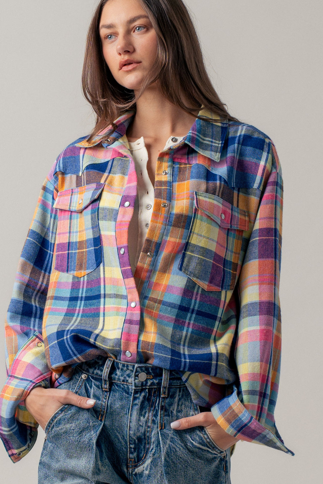 oversized plaid button up flannel shirt w pockets - blue multi (additional view)