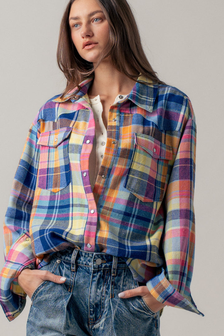 oversized plaid button up flannel shirt w pockets - blue multi (additional view)