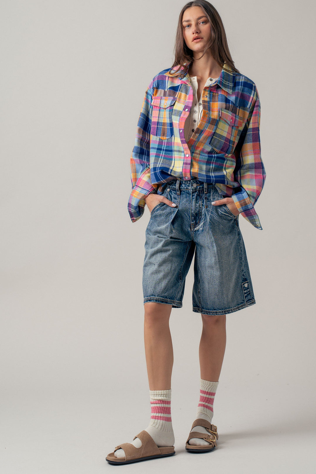 oversized plaid button up flannel shirt w pockets - blue multi (additional view)