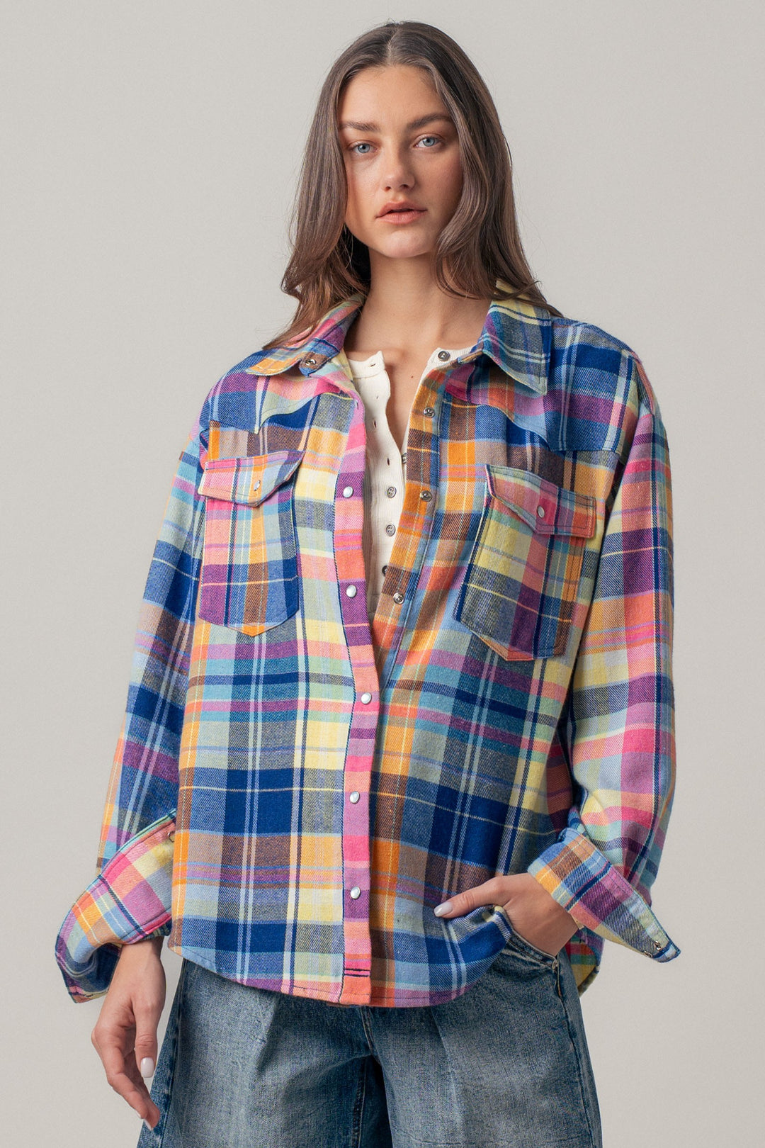 oversized plaid button up flannel shirt w pockets - blue multi (additional view)