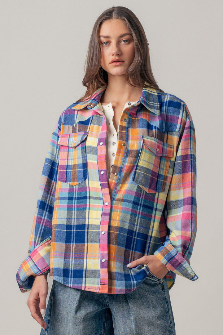 oversized plaid button up flannel shirt w pockets - blue multi (additional view)