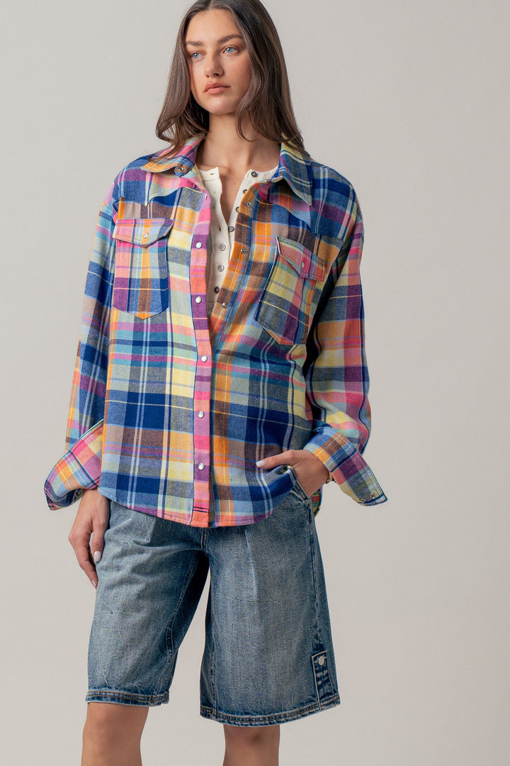 oversized plaid button up flannel shirt w pockets - blue multi (additional view)