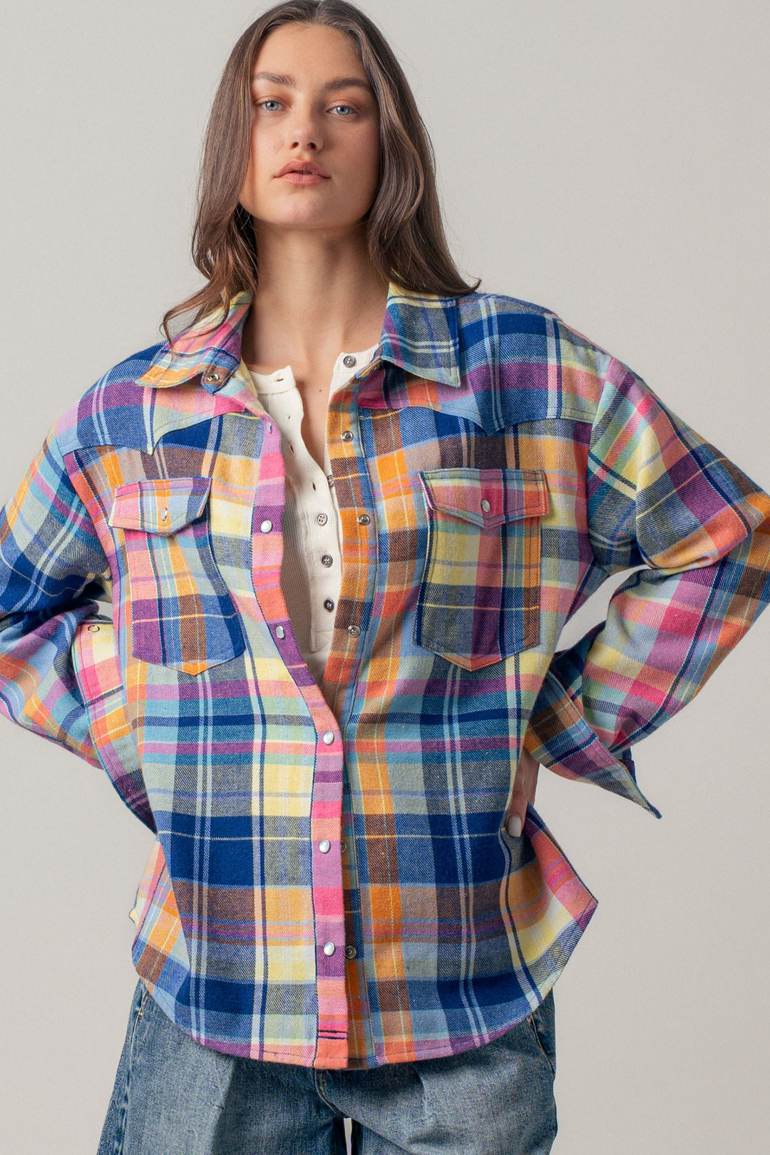 oversized plaid button up flannel shirt w pockets - blue multi (additional view)