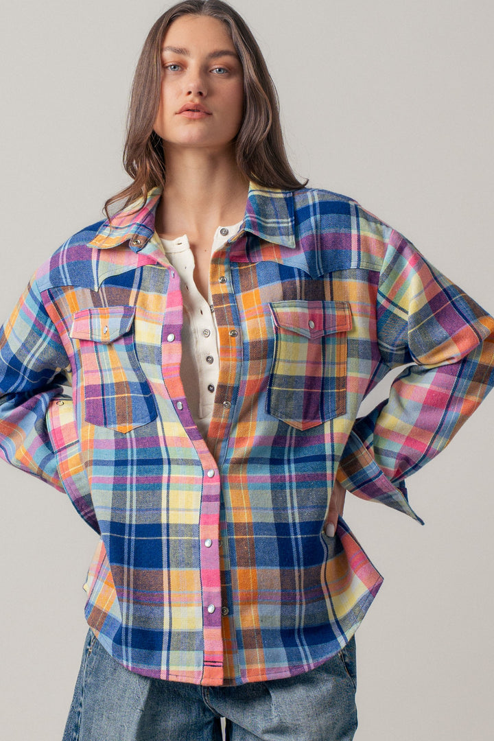 oversized plaid button up flannel shirt w pockets - blue multi (additional view)