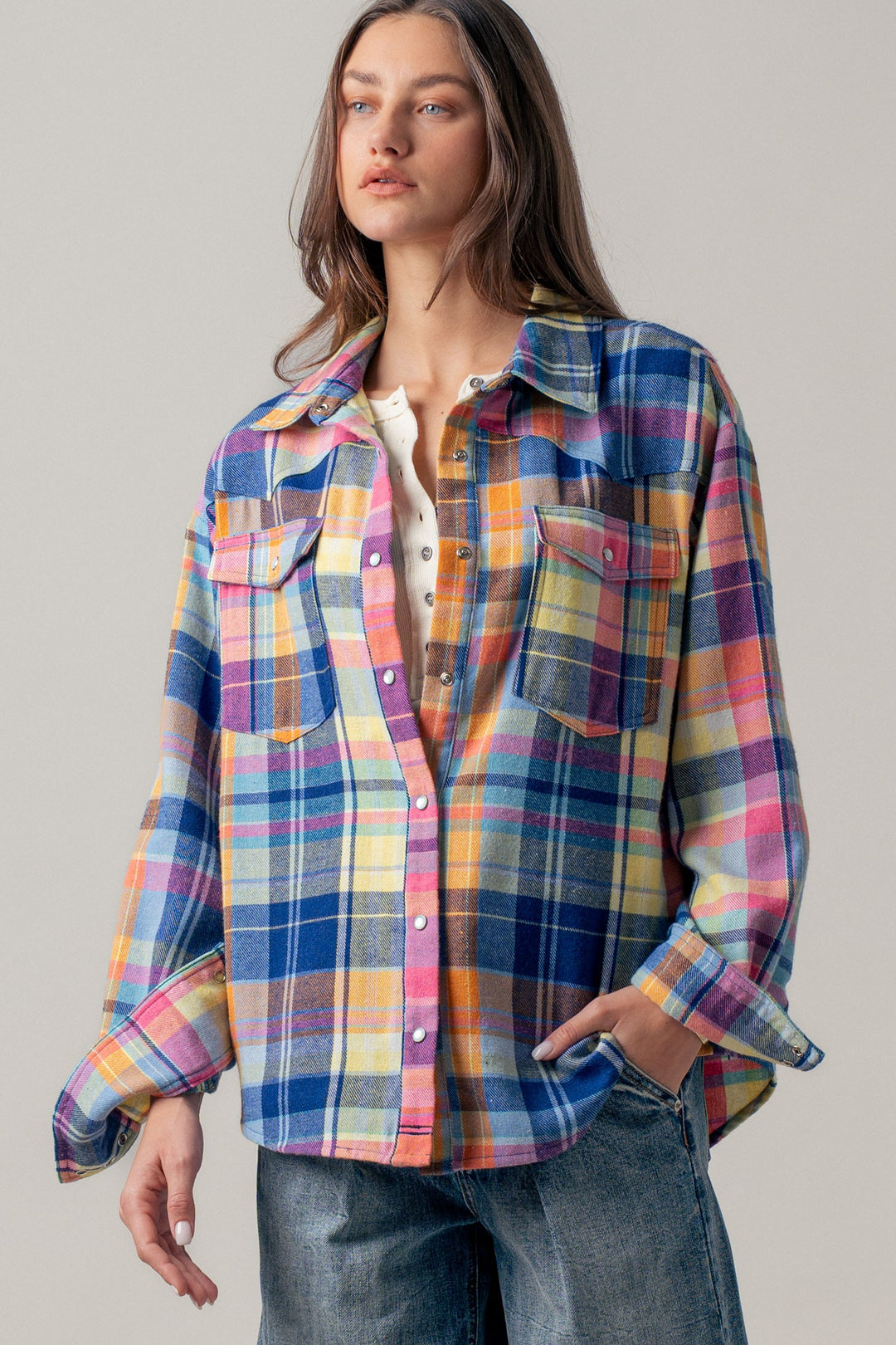 oversized plaid button up flannel shirt w pockets - blue multi (additional view)