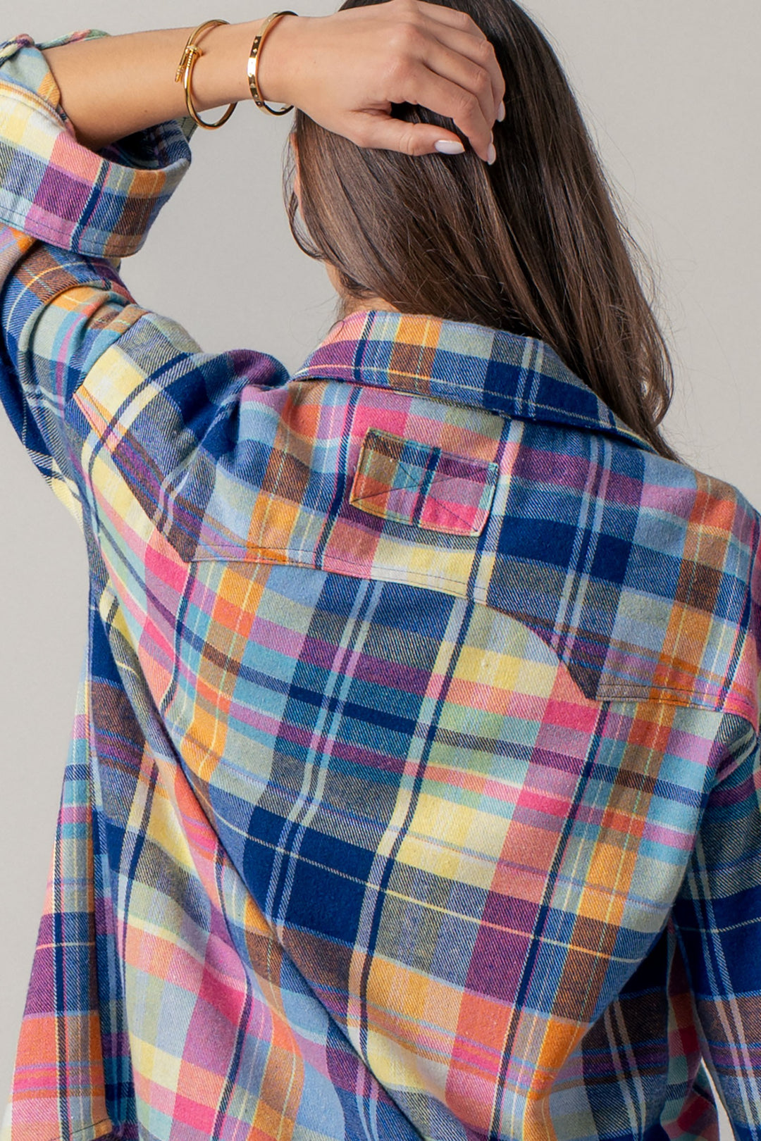 oversized plaid button up flannel shirt w pockets - blue multi (additional view)