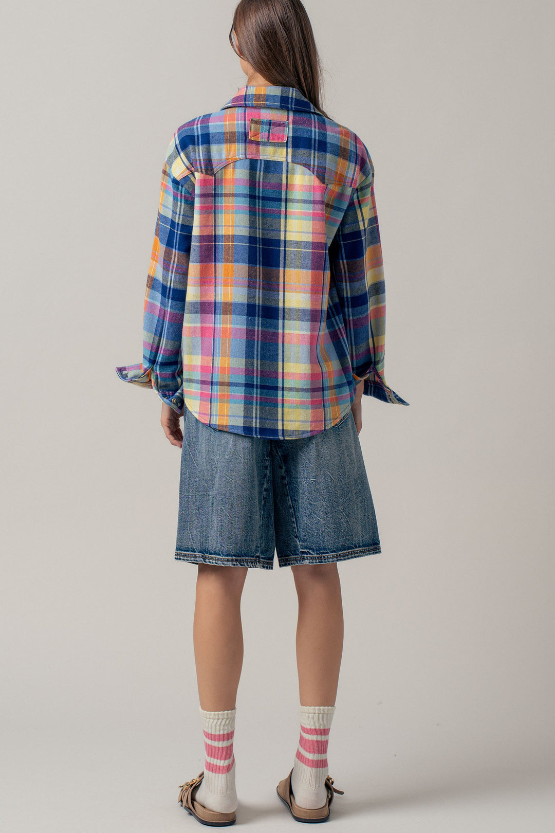 oversized plaid button up flannel shirt w pockets - blue multi (additional view)