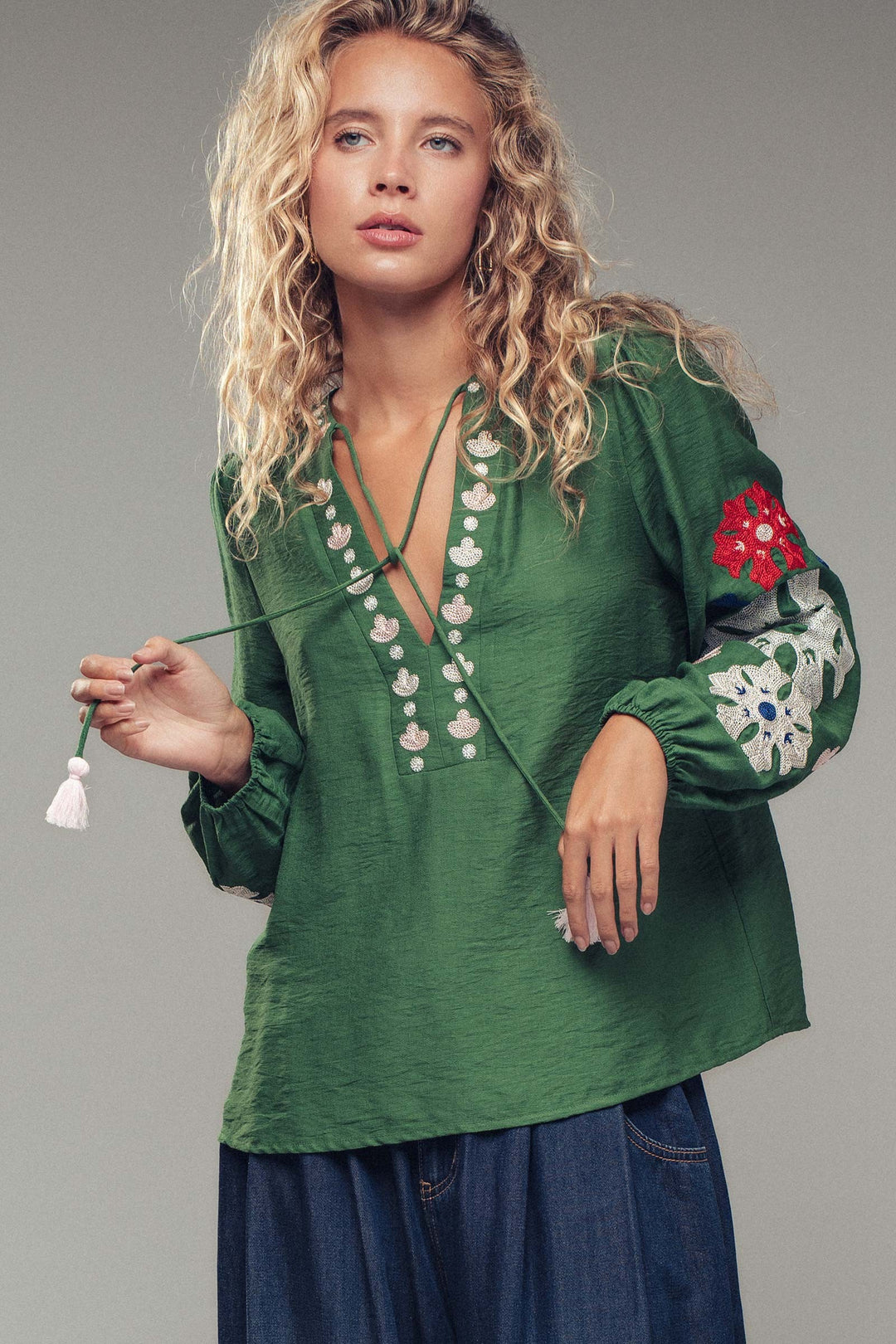 embroidered tassel tie boho blouse - green