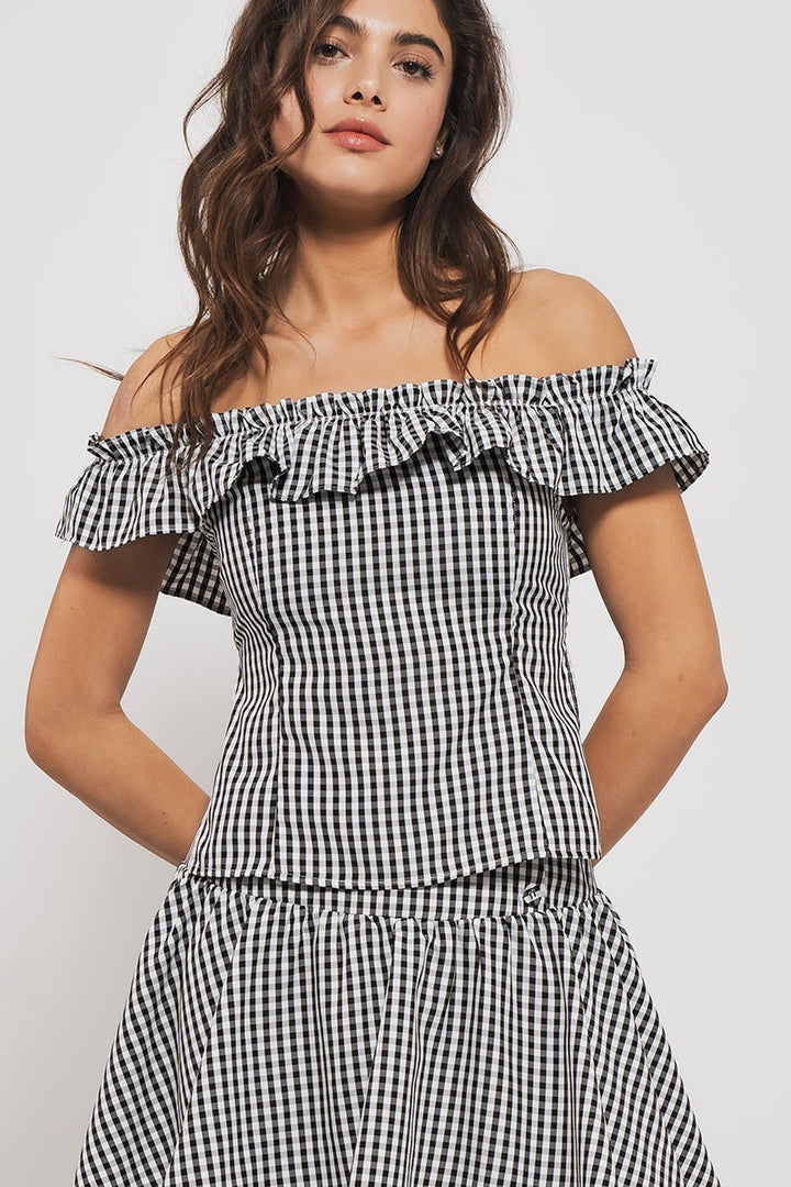 cottage charm gingham ruffle crop top - black (additional view)