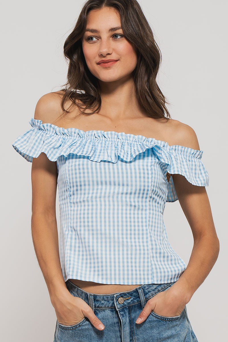 cottage charm gingham ruffle crop top - blue