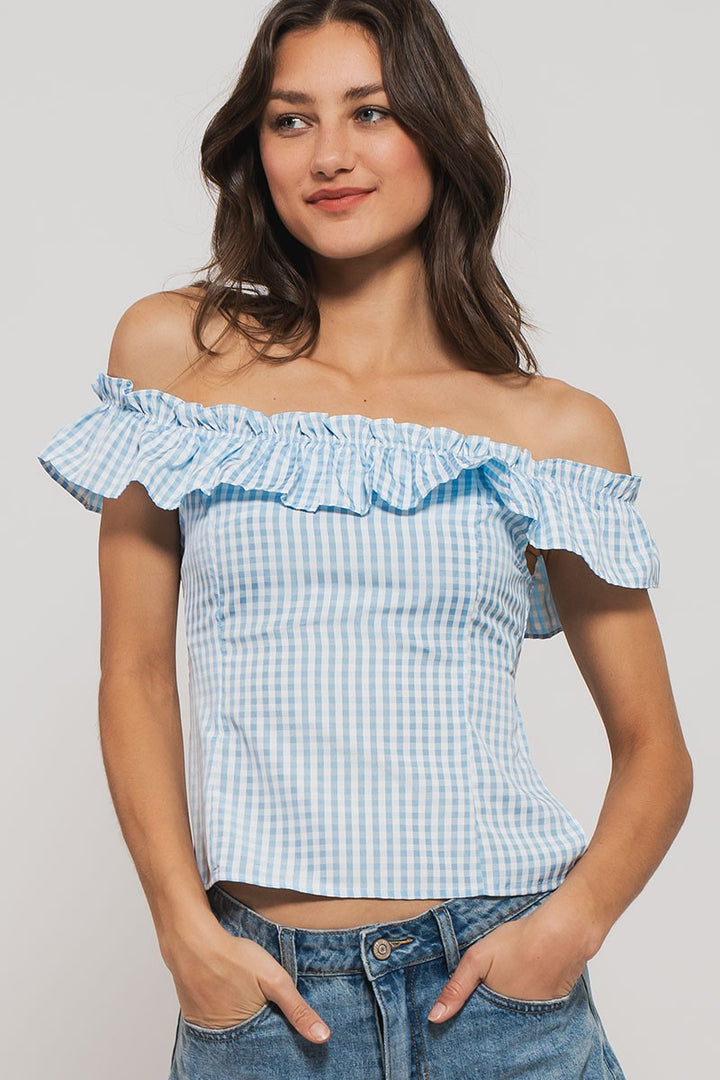 cottage charm gingham ruffle crop top - blue