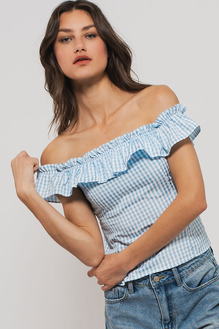 cottage charm gingham ruffle crop top - blue (additional view)