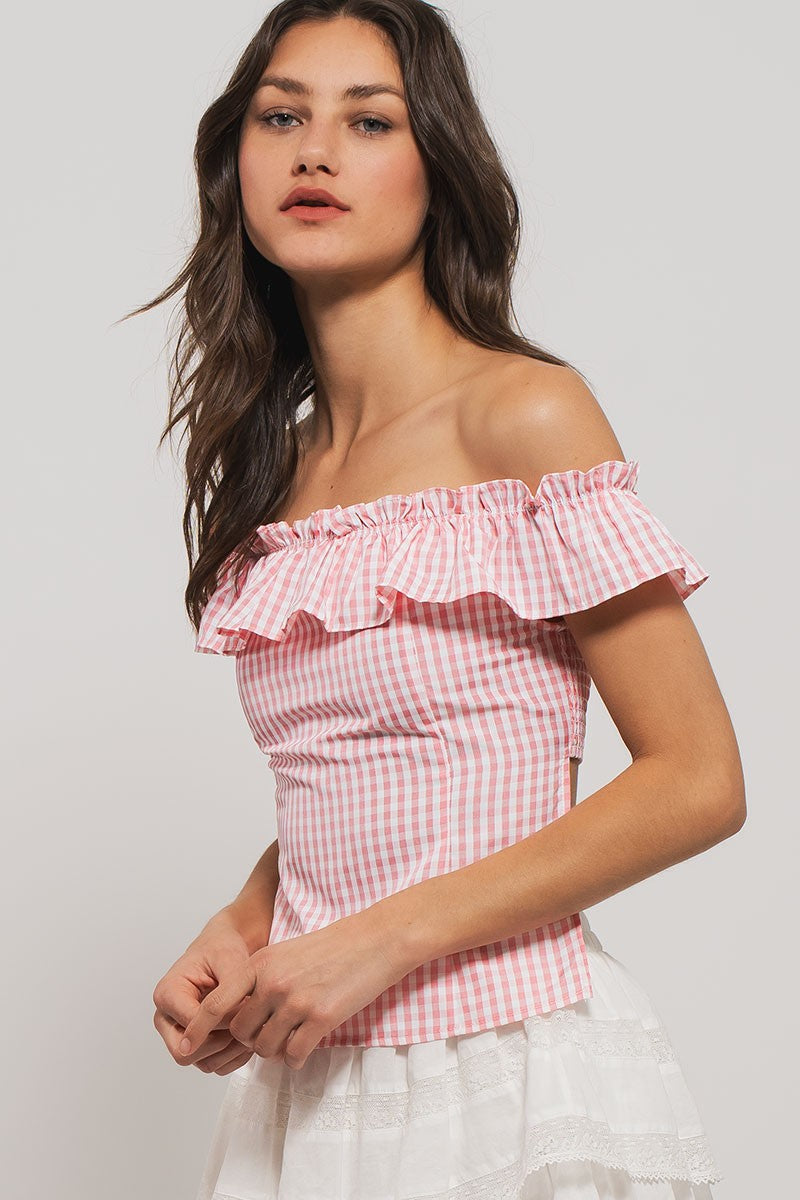 cottage charm gingham ruffle crop top - pink