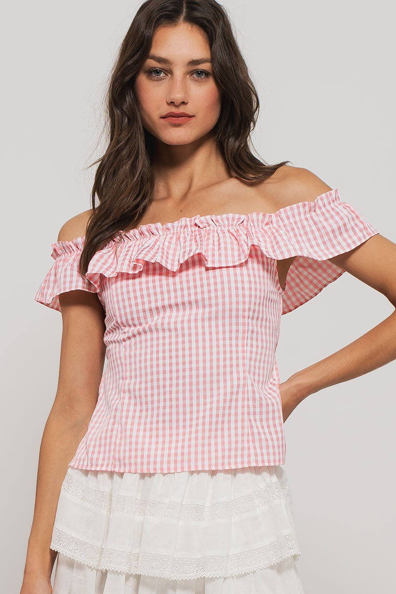 cottage charm gingham ruffle crop top - pink (additional view)