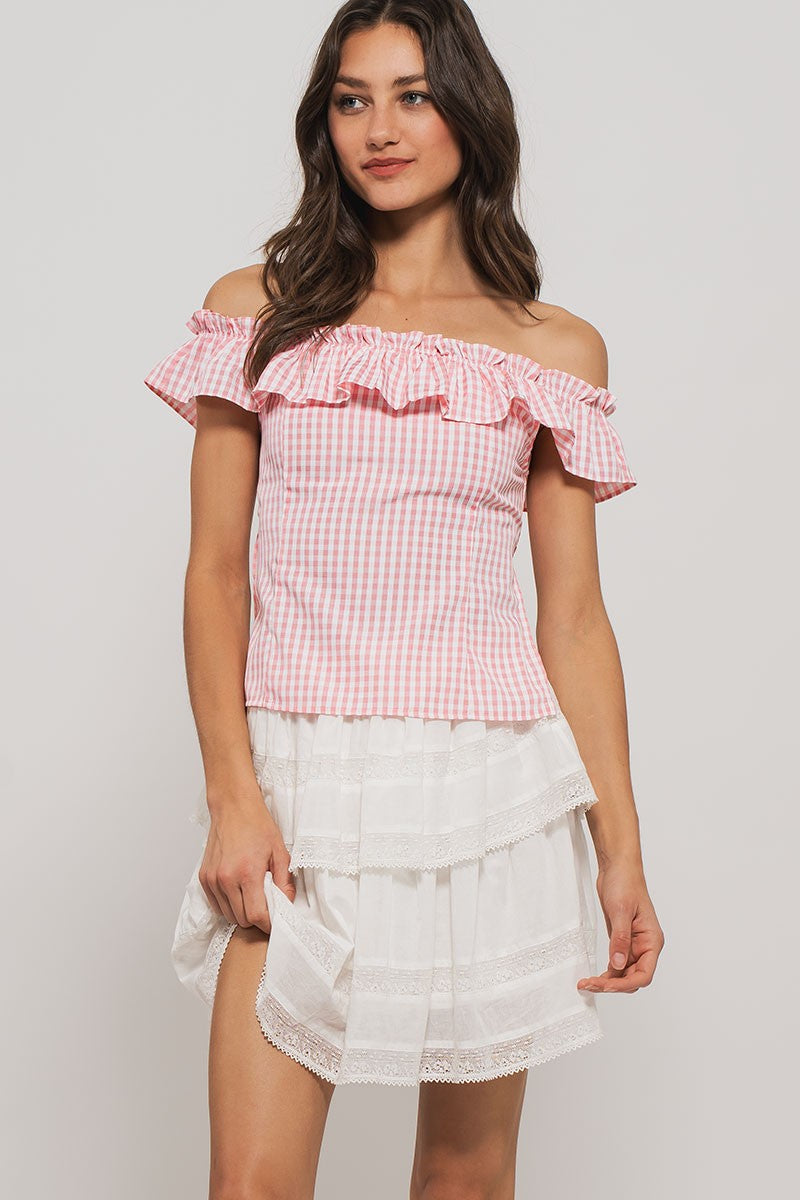 cottage charm gingham ruffle crop top - pink (additional view)