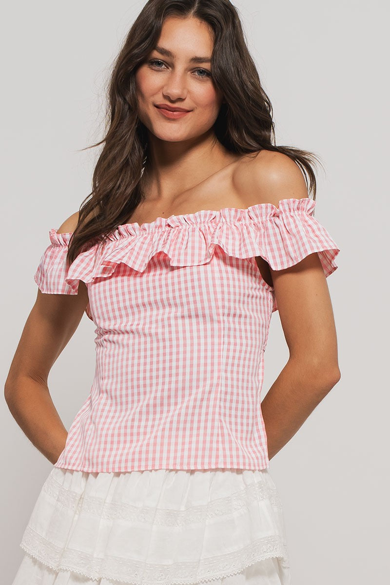 cottage charm gingham ruffle crop top - pink (additional view)