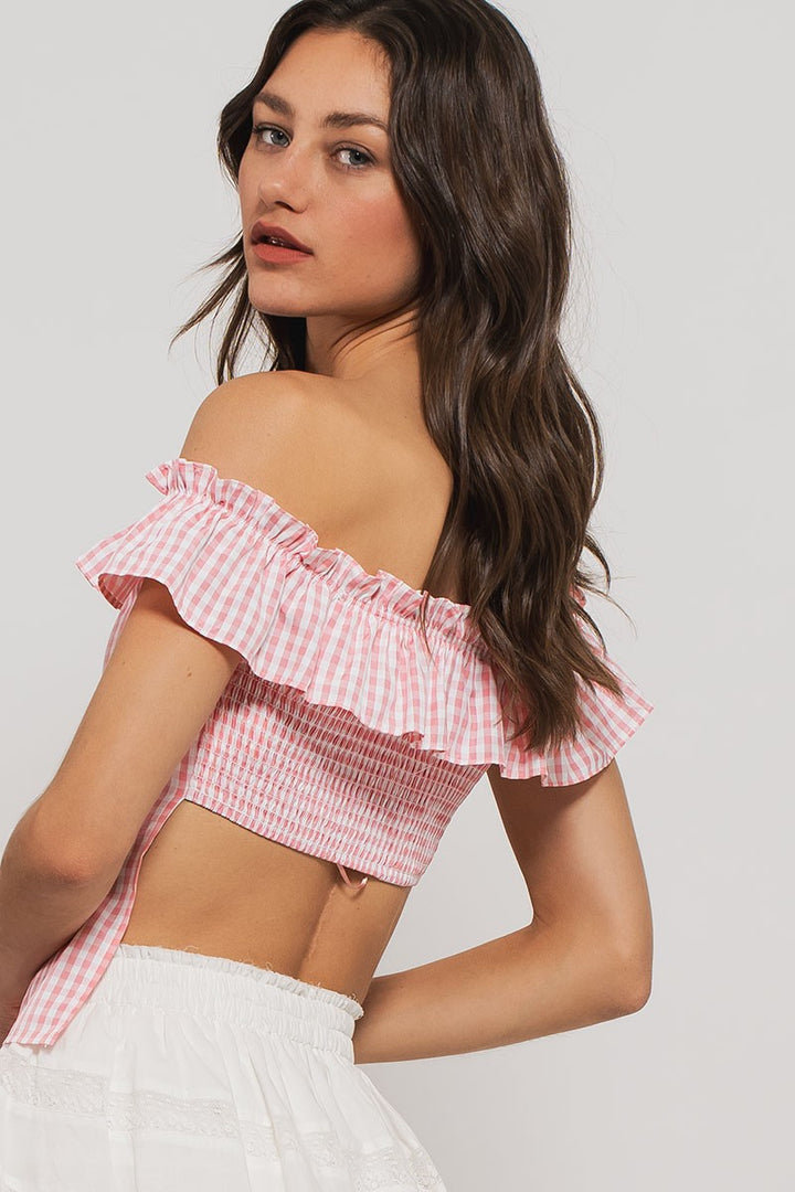 cottage charm gingham ruffle crop top - pink (additional view)