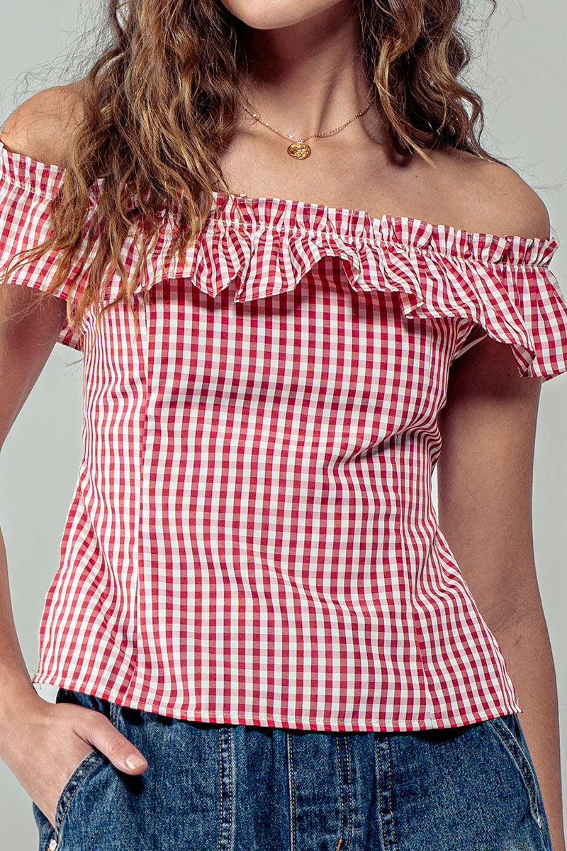 cottage charm gingham ruffle crop top - red