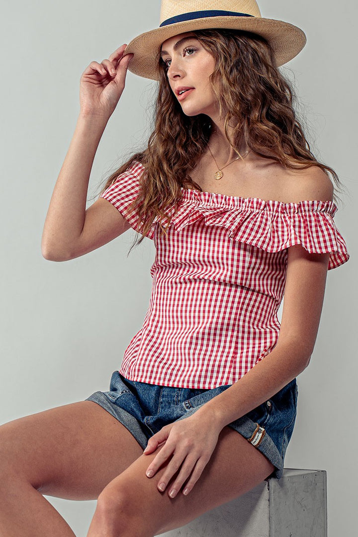 cottage charm gingham ruffle crop top - red (additional view)