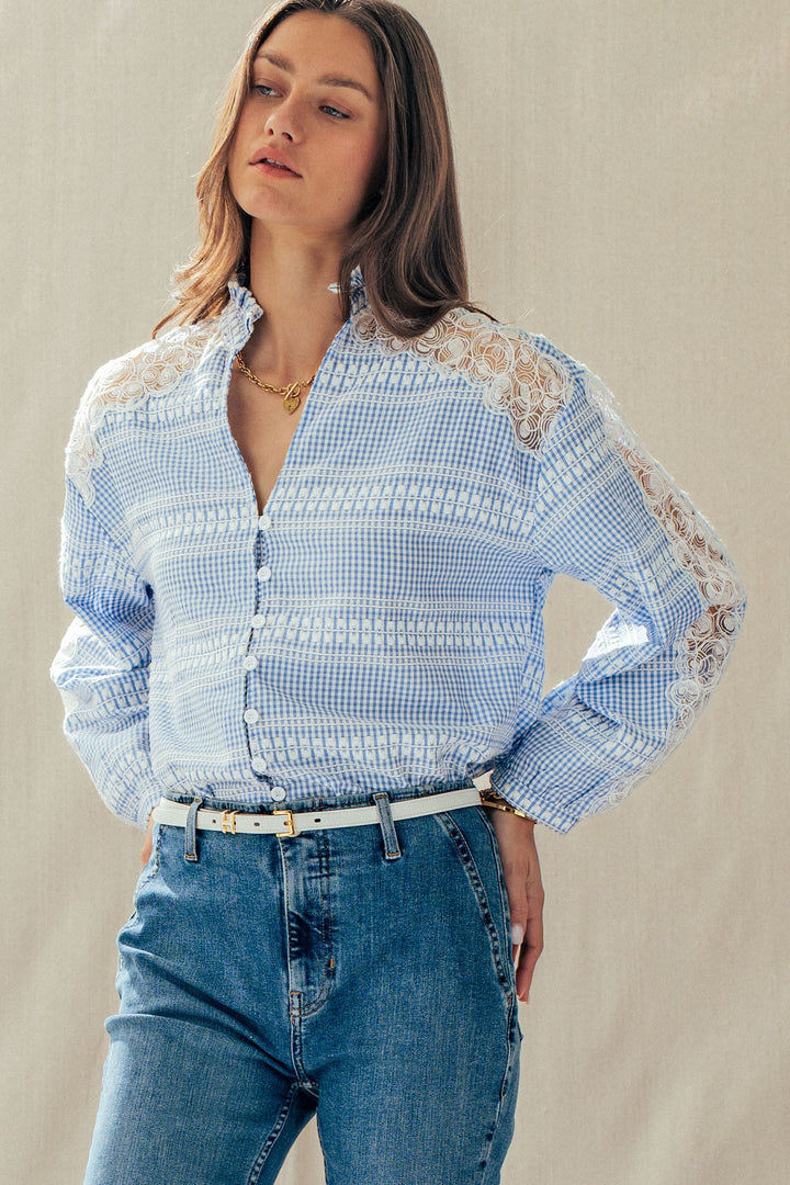 lace gingham button down blouse - blue (additional view)