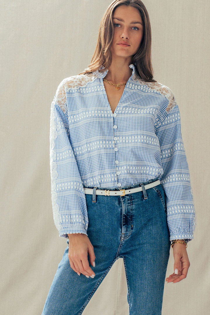 lace gingham button down blouse - blue (additional view)