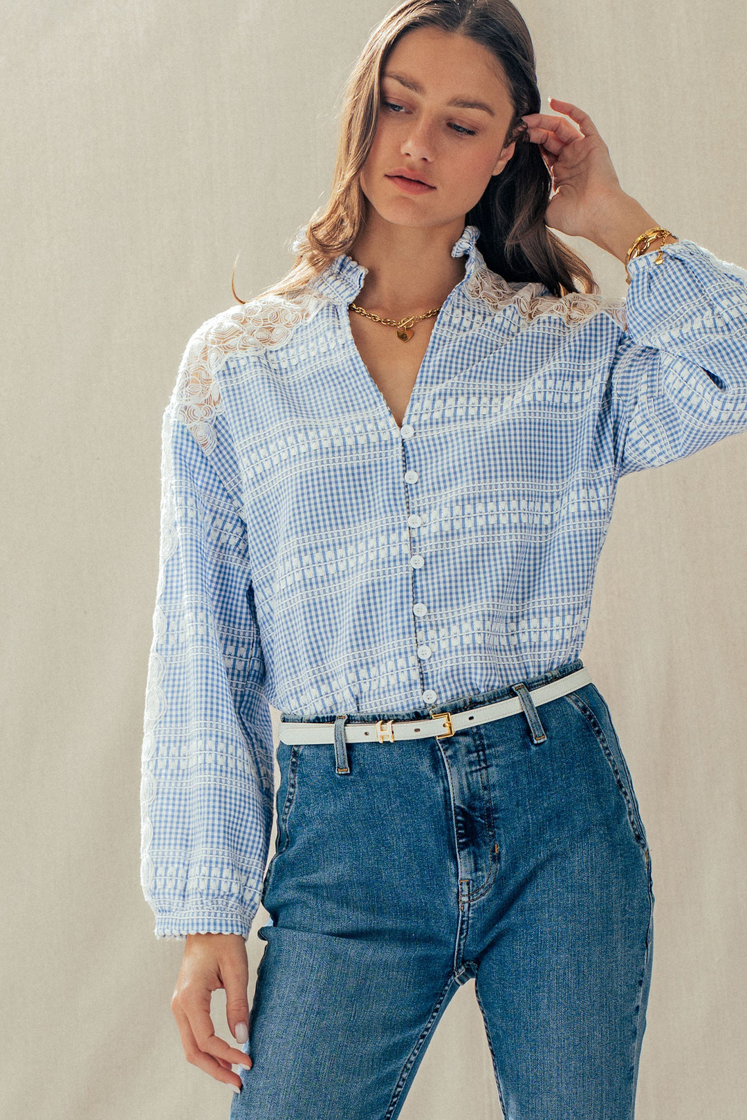 lace gingham button down blouse - blue (additional view)
