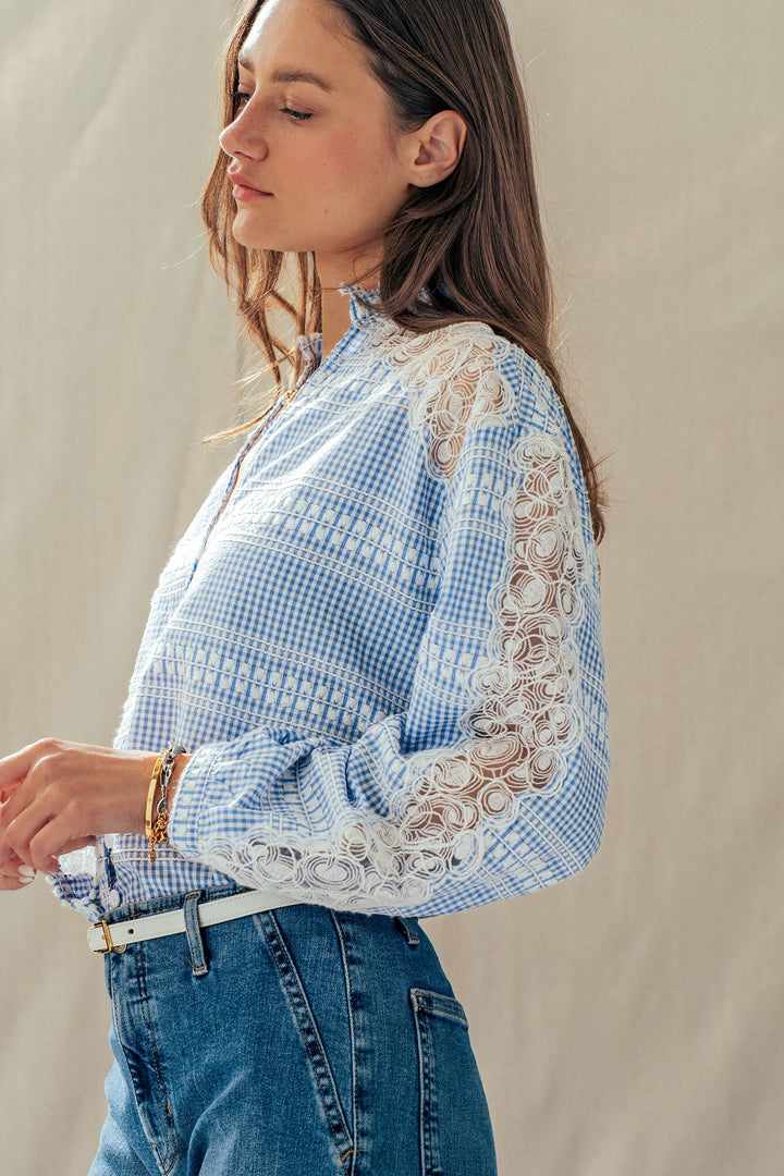 lace gingham button down blouse - blue (additional view)