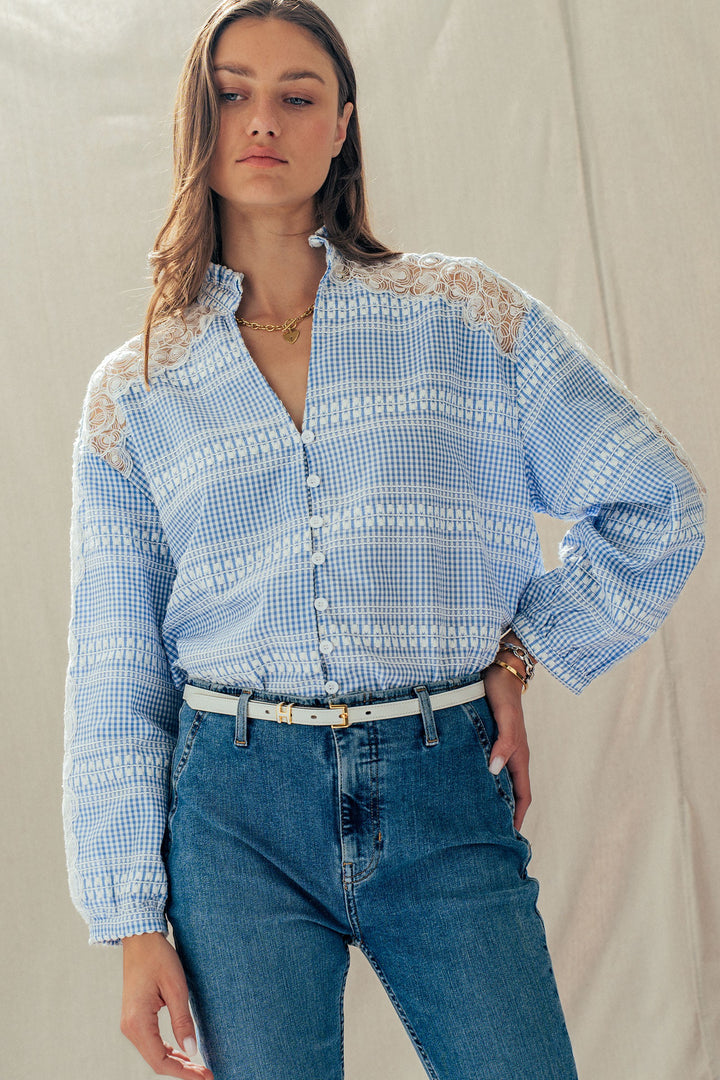 lace gingham button down blouse - blue (additional view)