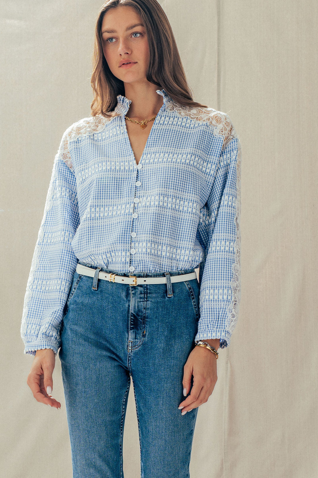 lace gingham button down blouse - blue (additional view)